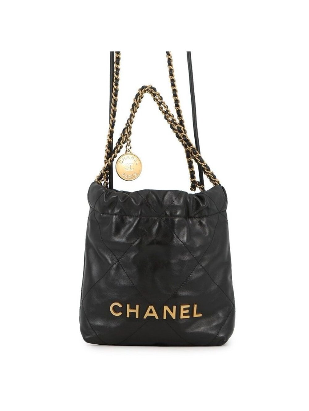 Chanel Handbag 22 Mini CC Logo Shiny Calf Leather 2-Way Black